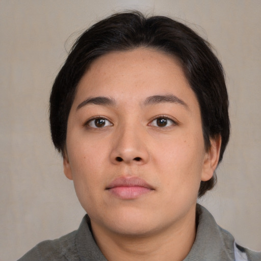 Neutral asian young-adult female with medium  brown hair and brown eyes