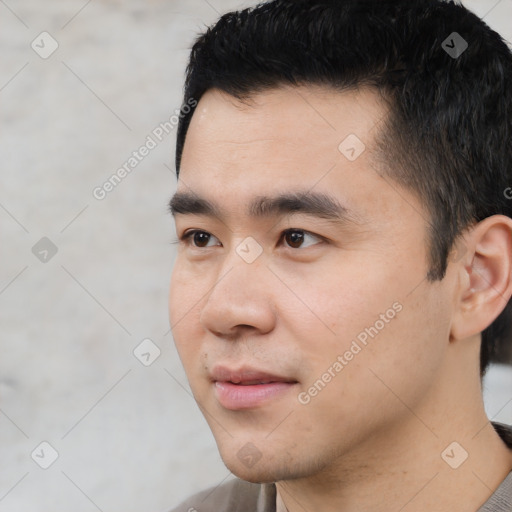 Neutral asian young-adult male with short  black hair and brown eyes