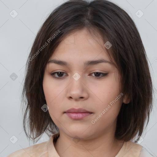 Neutral white young-adult female with medium  brown hair and brown eyes