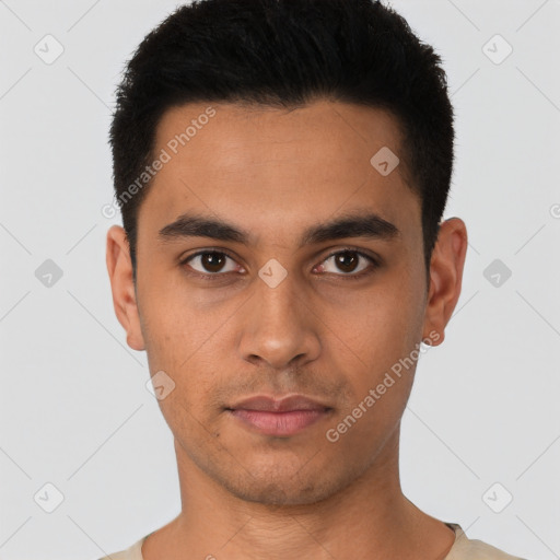 Neutral latino young-adult male with short  black hair and brown eyes