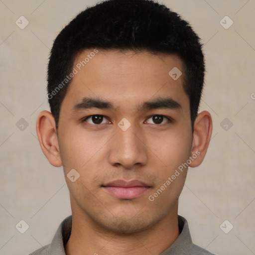 Neutral latino young-adult male with short  black hair and brown eyes