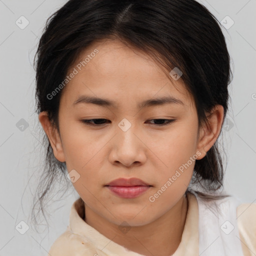 Joyful asian young-adult female with medium  brown hair and brown eyes