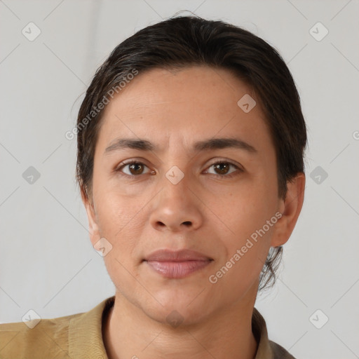 Joyful white young-adult female with short  brown hair and brown eyes