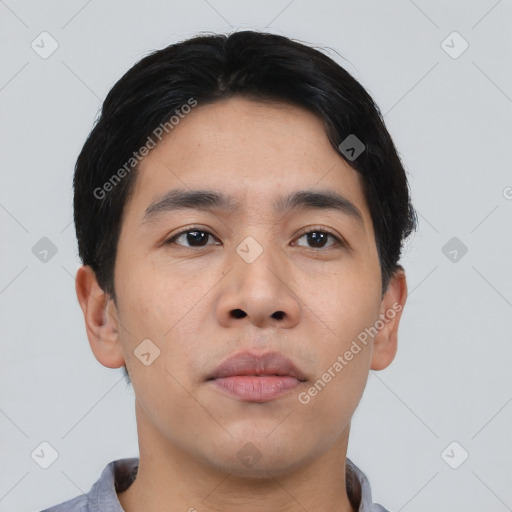 Neutral asian young-adult male with short  black hair and brown eyes