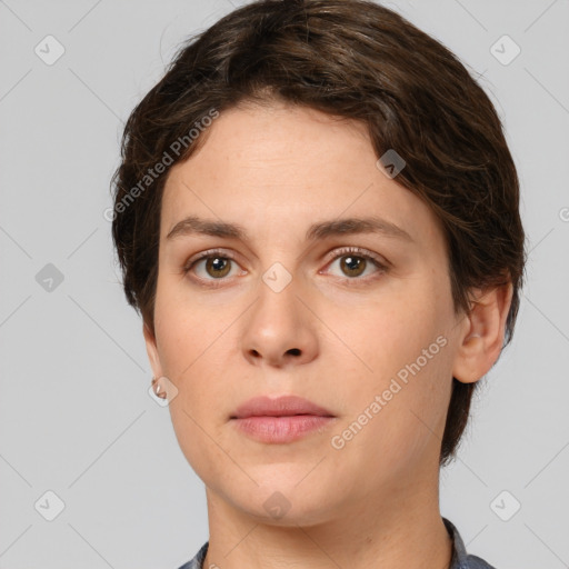 Neutral white young-adult female with short  brown hair and brown eyes