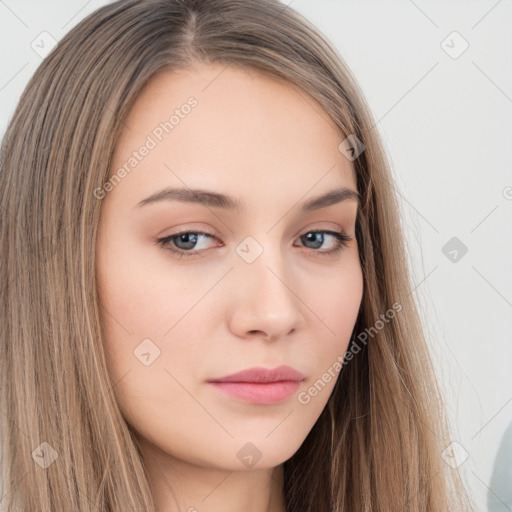 Neutral white young-adult female with long  brown hair and brown eyes