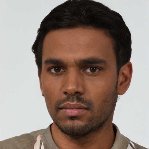 Neutral latino young-adult male with short  black hair and brown eyes