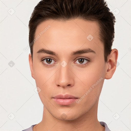 Neutral white young-adult male with short  brown hair and brown eyes