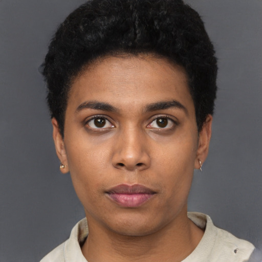Neutral black young-adult female with short  black hair and brown eyes