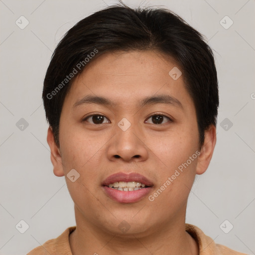 Joyful white young-adult female with short  brown hair and brown eyes