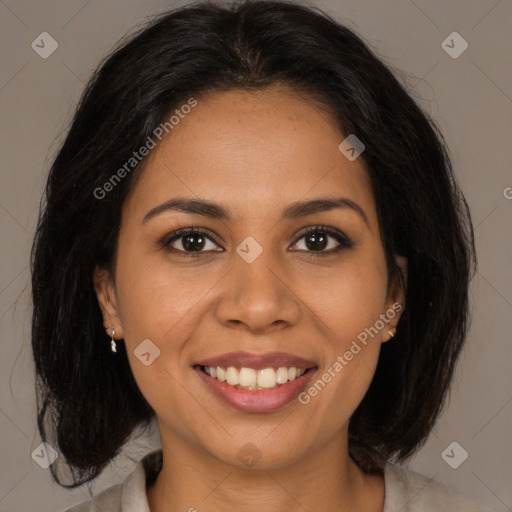 Joyful latino young-adult female with medium  brown hair and brown eyes