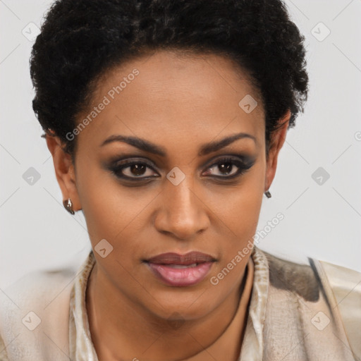 Joyful black young-adult female with short  brown hair and brown eyes