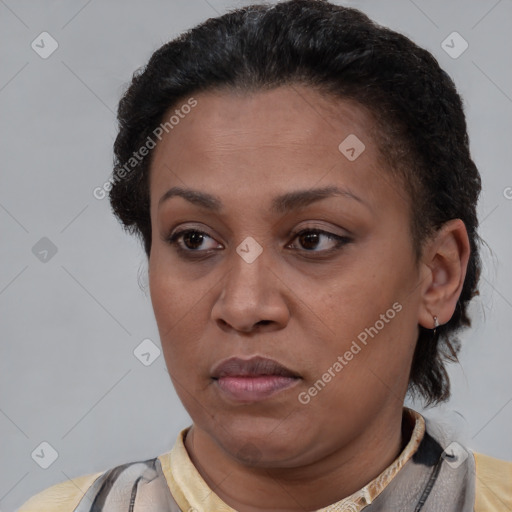 Neutral latino young-adult female with short  brown hair and brown eyes