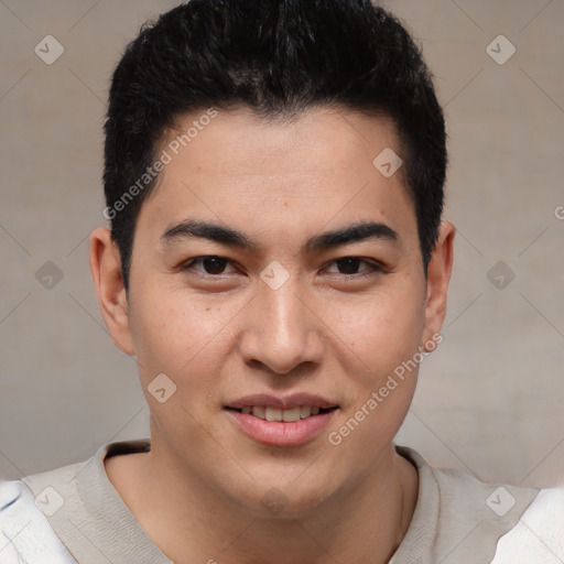 Joyful latino young-adult male with short  brown hair and brown eyes