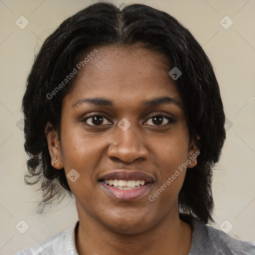 Joyful black young-adult female with medium  black hair and brown eyes