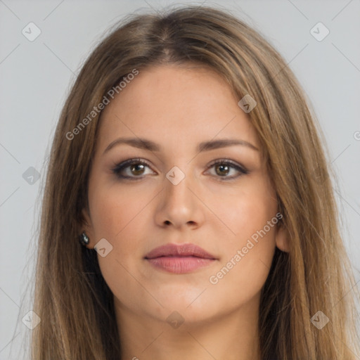 Neutral white young-adult female with long  brown hair and brown eyes