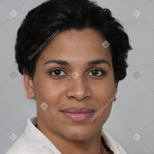 Joyful latino young-adult female with short  brown hair and brown eyes