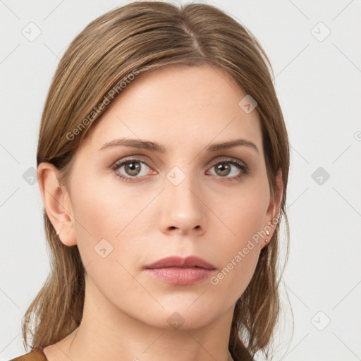 Neutral white young-adult female with medium  brown hair and grey eyes