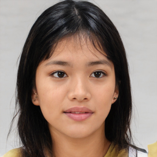 Neutral asian young-adult female with medium  brown hair and brown eyes