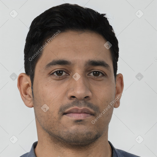 Neutral latino young-adult male with short  black hair and brown eyes