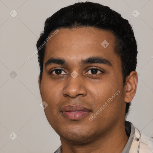 Neutral black young-adult male with short  black hair and brown eyes