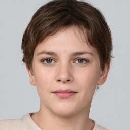 Neutral white young-adult female with short  brown hair and grey eyes
