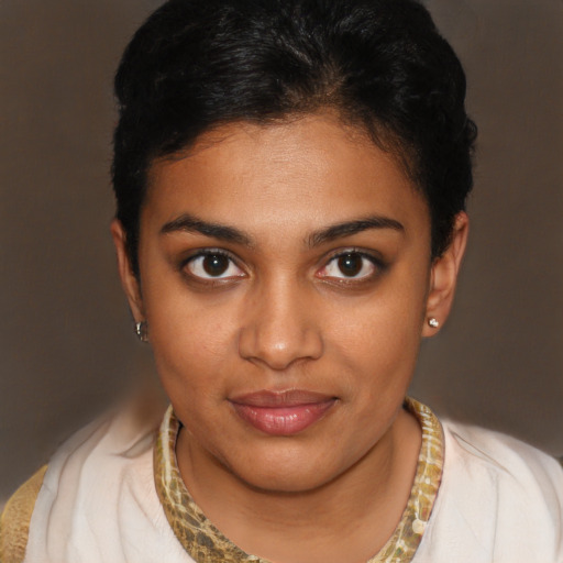 Joyful black young-adult female with short  brown hair and brown eyes