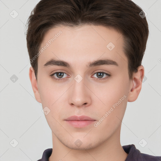 Neutral white young-adult male with short  brown hair and brown eyes