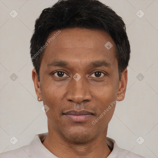 Neutral black young-adult male with short  black hair and brown eyes