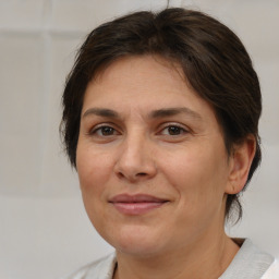 Joyful white adult female with medium  brown hair and brown eyes