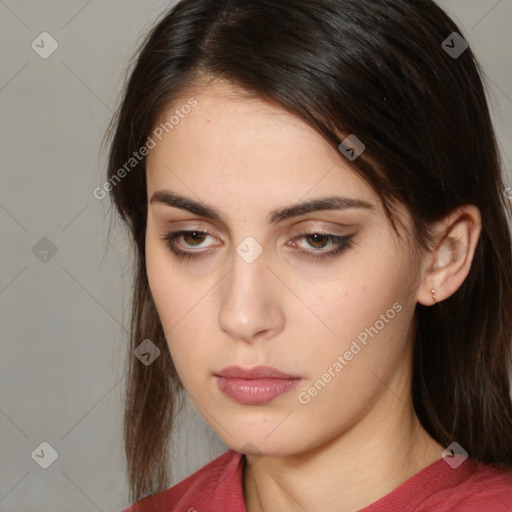 Neutral white young-adult female with medium  brown hair and brown eyes