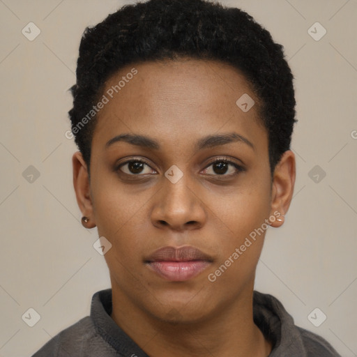 Neutral black young-adult female with short  black hair and brown eyes