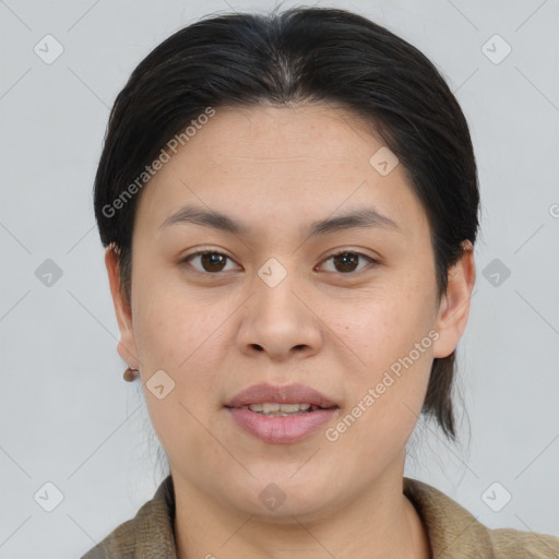 Joyful asian young-adult female with medium  brown hair and brown eyes