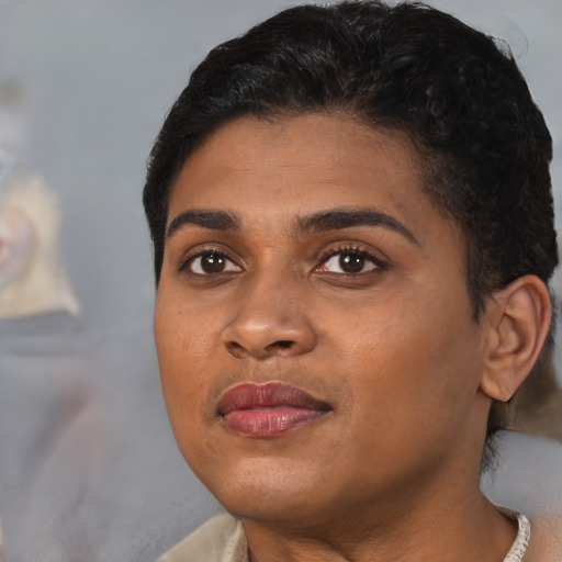 Joyful black young-adult female with short  black hair and brown eyes