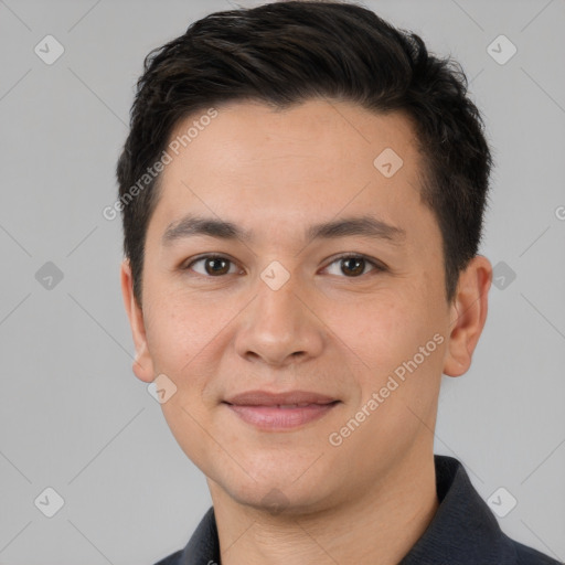 Joyful white young-adult male with short  black hair and brown eyes