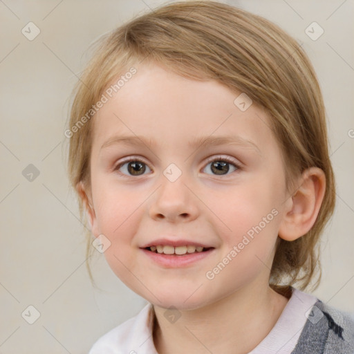 Joyful white child female with medium  brown hair and blue eyes