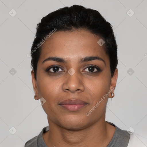 Neutral black young-adult female with short  black hair and brown eyes