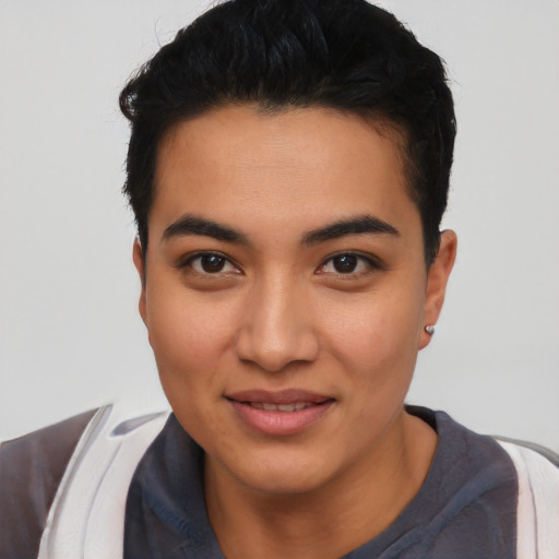 Joyful asian young-adult female with short  black hair and brown eyes