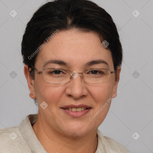 Joyful white adult female with short  brown hair and brown eyes