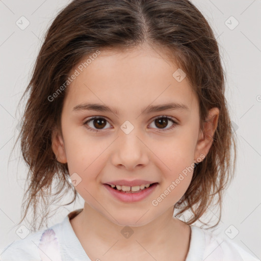 Joyful white child female with medium  brown hair and brown eyes