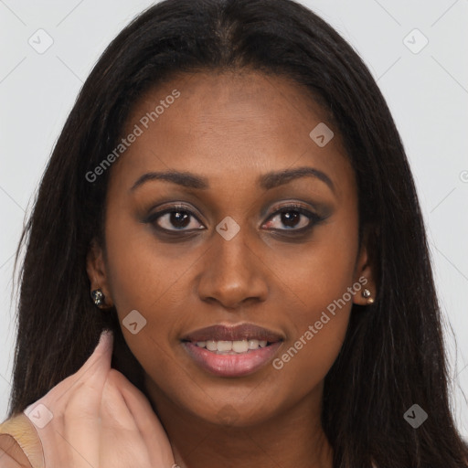 Joyful asian young-adult female with long  brown hair and brown eyes