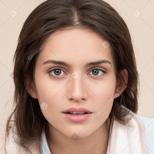 Neutral white young-adult female with medium  brown hair and brown eyes