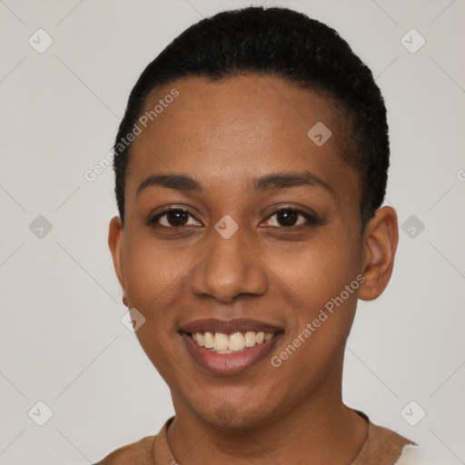 Joyful black young-adult female with short  black hair and brown eyes