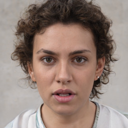 Neutral white young-adult female with short  brown hair and brown eyes