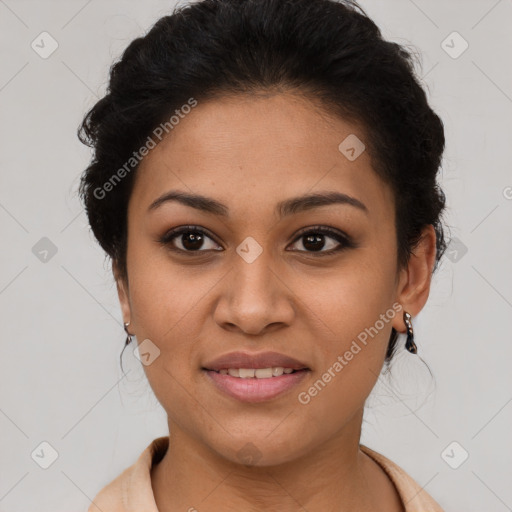 Joyful latino young-adult female with short  brown hair and brown eyes