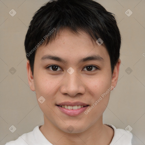 Joyful white young-adult female with short  brown hair and brown eyes