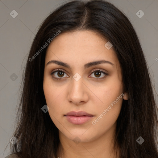 Neutral white young-adult female with long  brown hair and brown eyes