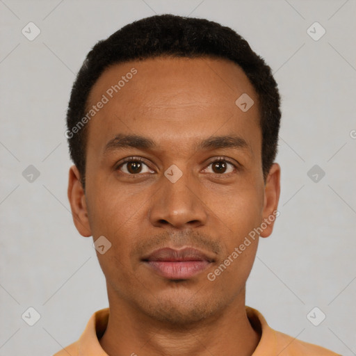 Neutral latino young-adult male with short  black hair and brown eyes