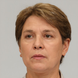 Neutral white adult female with short  brown hair and brown eyes