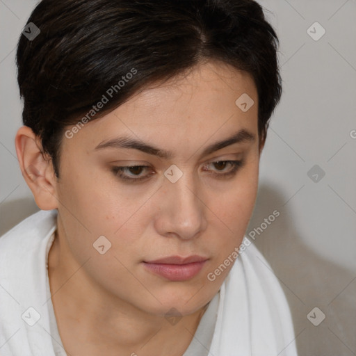 Neutral white young-adult female with medium  brown hair and brown eyes